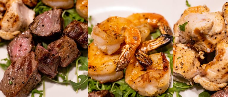 steak chicken shrimp skewers